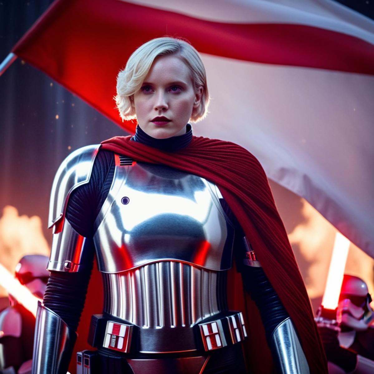 cinematic film still of Captain Phasma an epic hot blonde short hair woman in a star wars silver armor costume standing be...