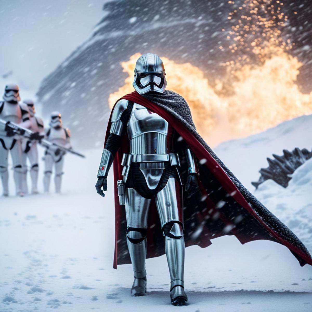 cinematic film still of Captain Phasma a woman in a silver trooper armor and a cape is standing in front of a dragon in th...