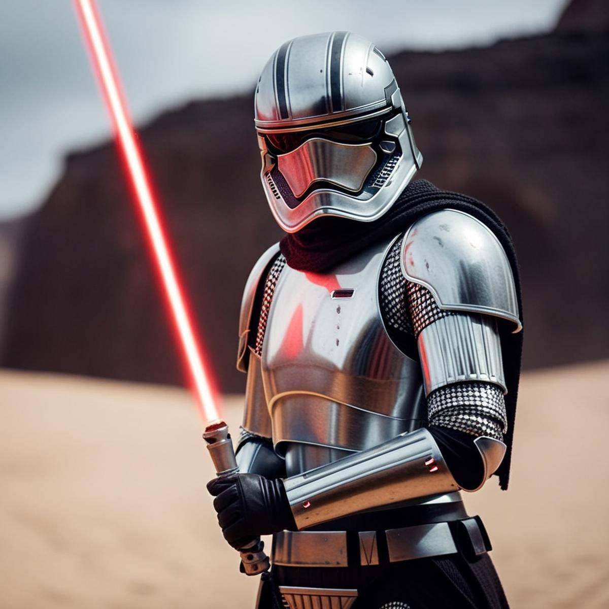 cinematic film still of Captain Phasma a blonde short hair woman in silver armor holding a spike wither her both hands In...