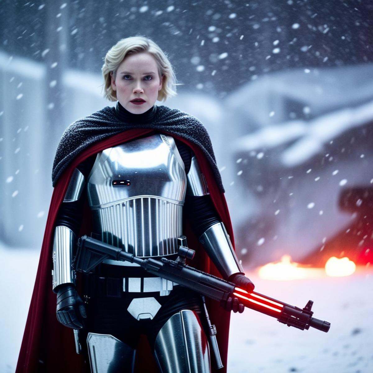 cinematic film still of Captain Phasma a blonde short hair woman with scar marks on her face in a star wars silver armor o...