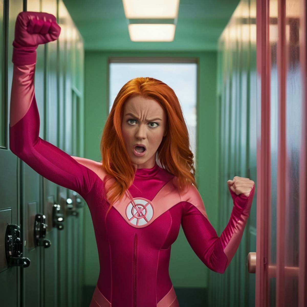 cinematic film still of detailed perfect Atom Eve an angry woman in a pink outfit is holding a fist,  superhero,  Locker R...