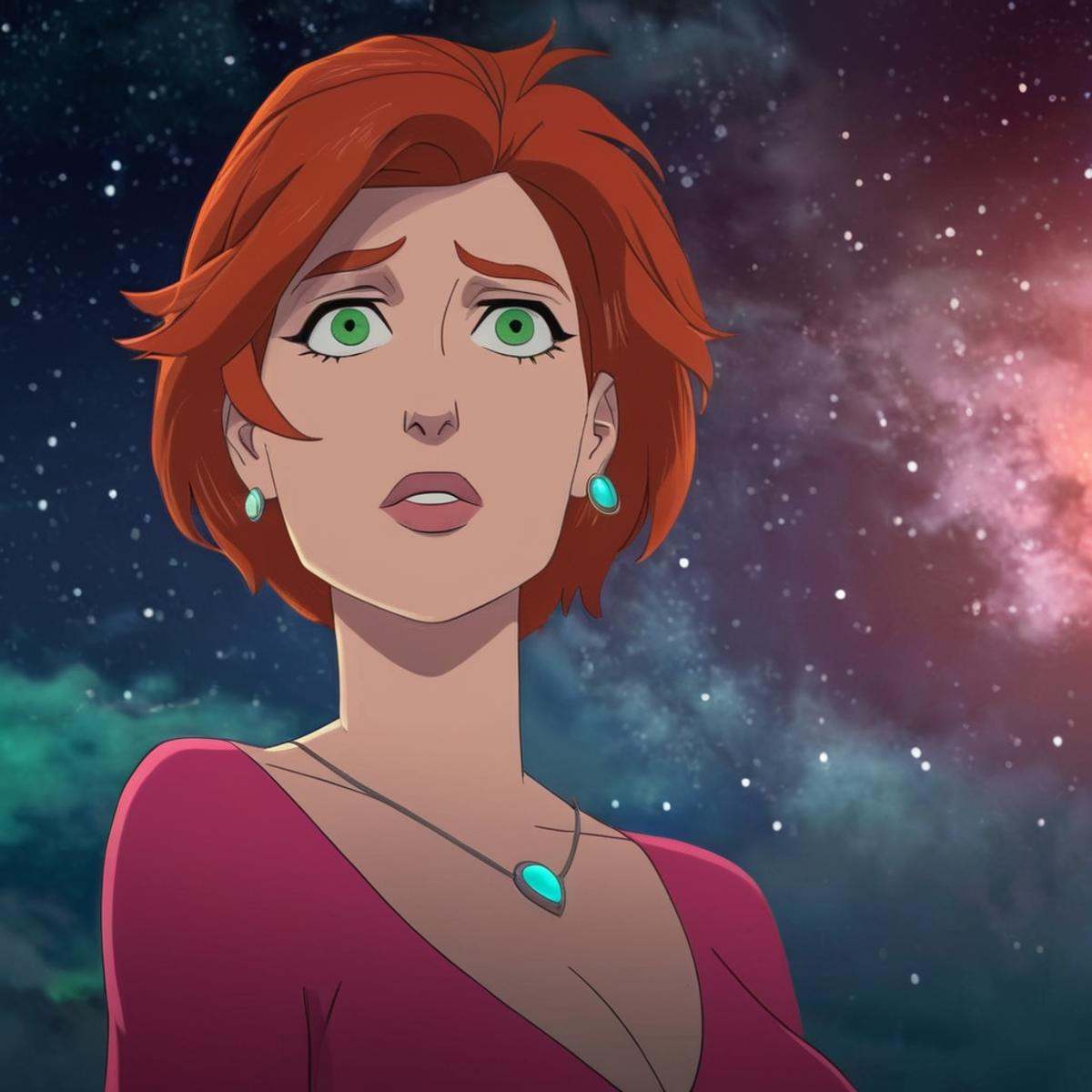 cinematic film still of detailed perfect Alternate AtomEve3 a real ageing milf character with a red hair and a pink outfit...