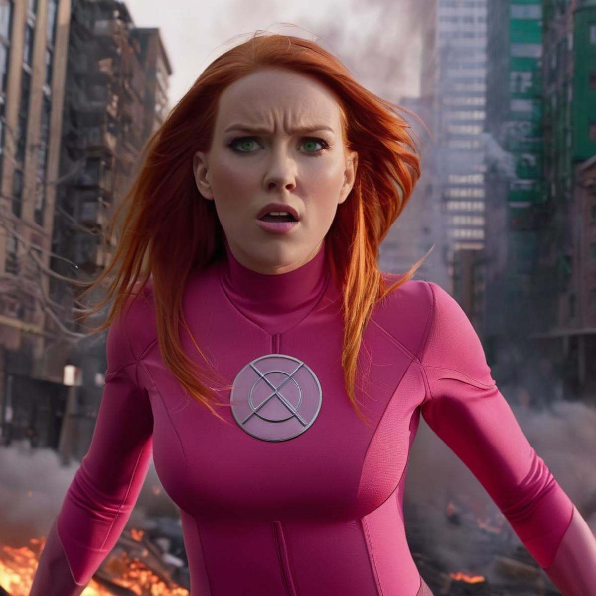 cinematic film still of detailed perfect Atom Eve an angry woman in a pink outfit standing in a city,  superhero,  buildin...