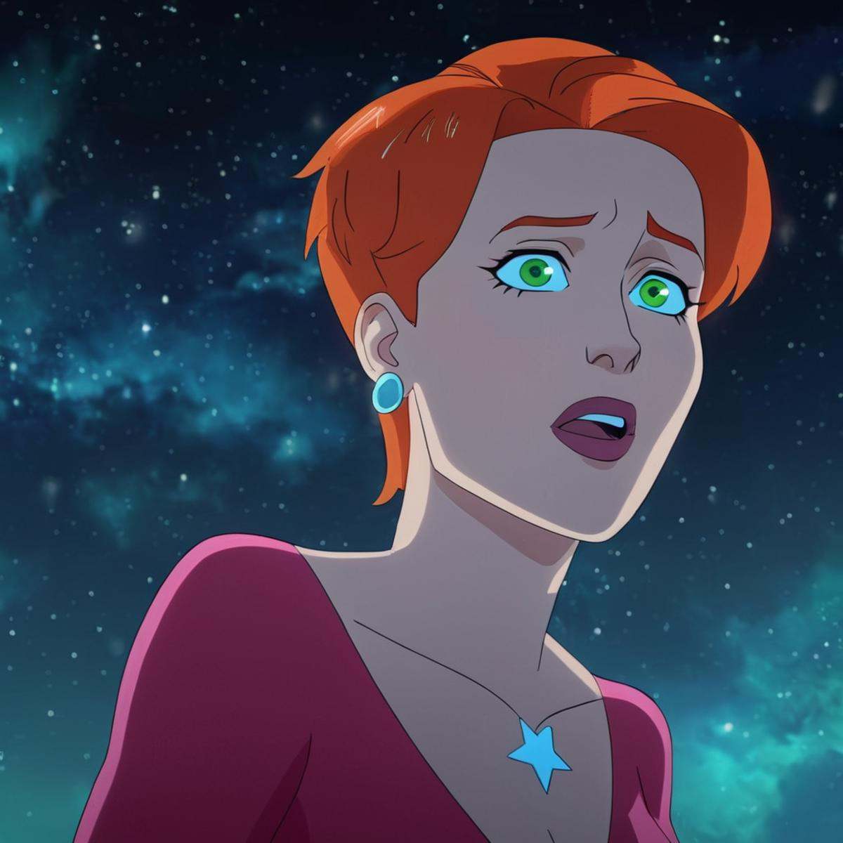 cinematic film still of detailed perfect Alternate AtomEve3 a cartoon ageing milf character with a red hair and a pink out...