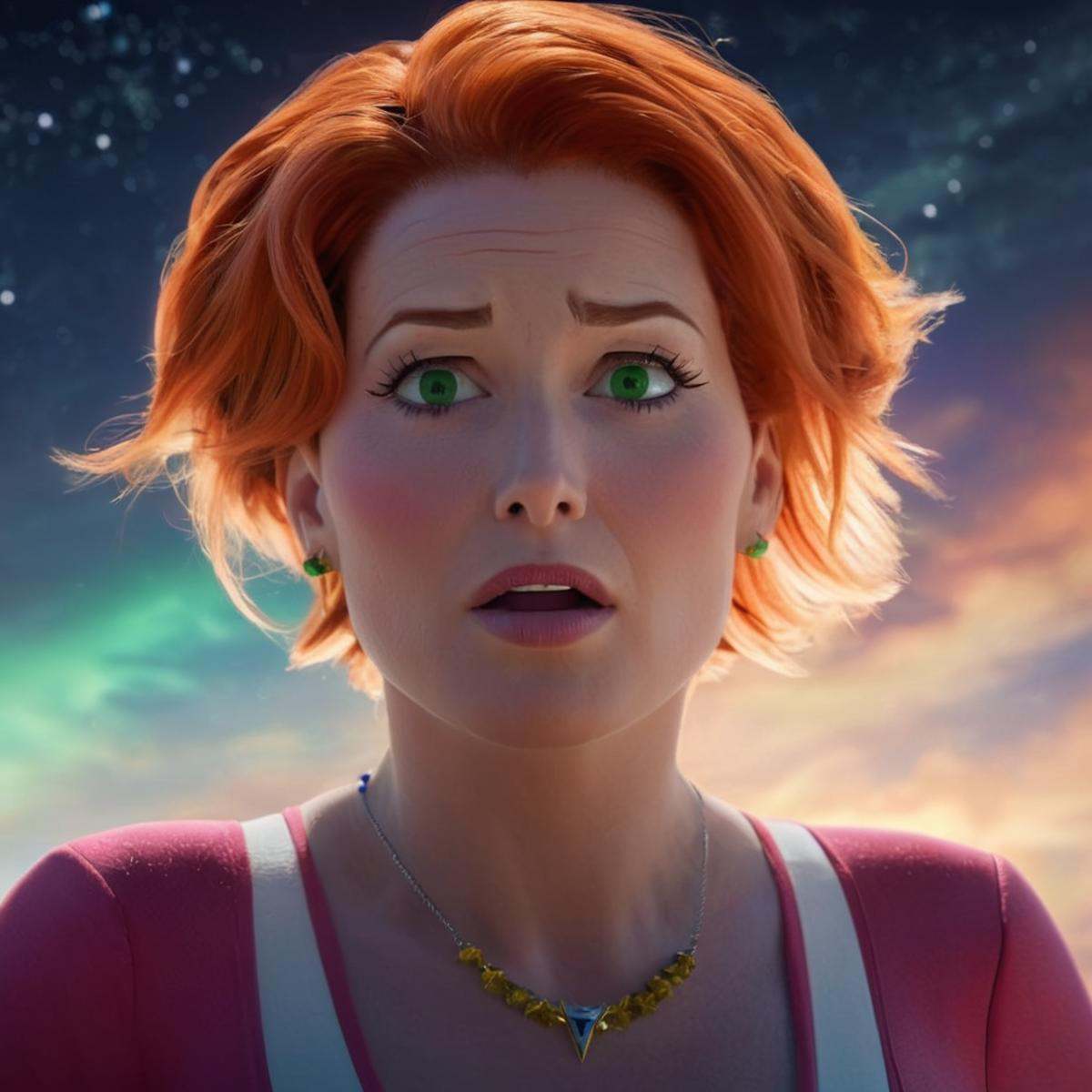 cinematic film still of detailed perfect Alternate AtomEve3 a real ageing milf character with a red hair and a pink outfit...