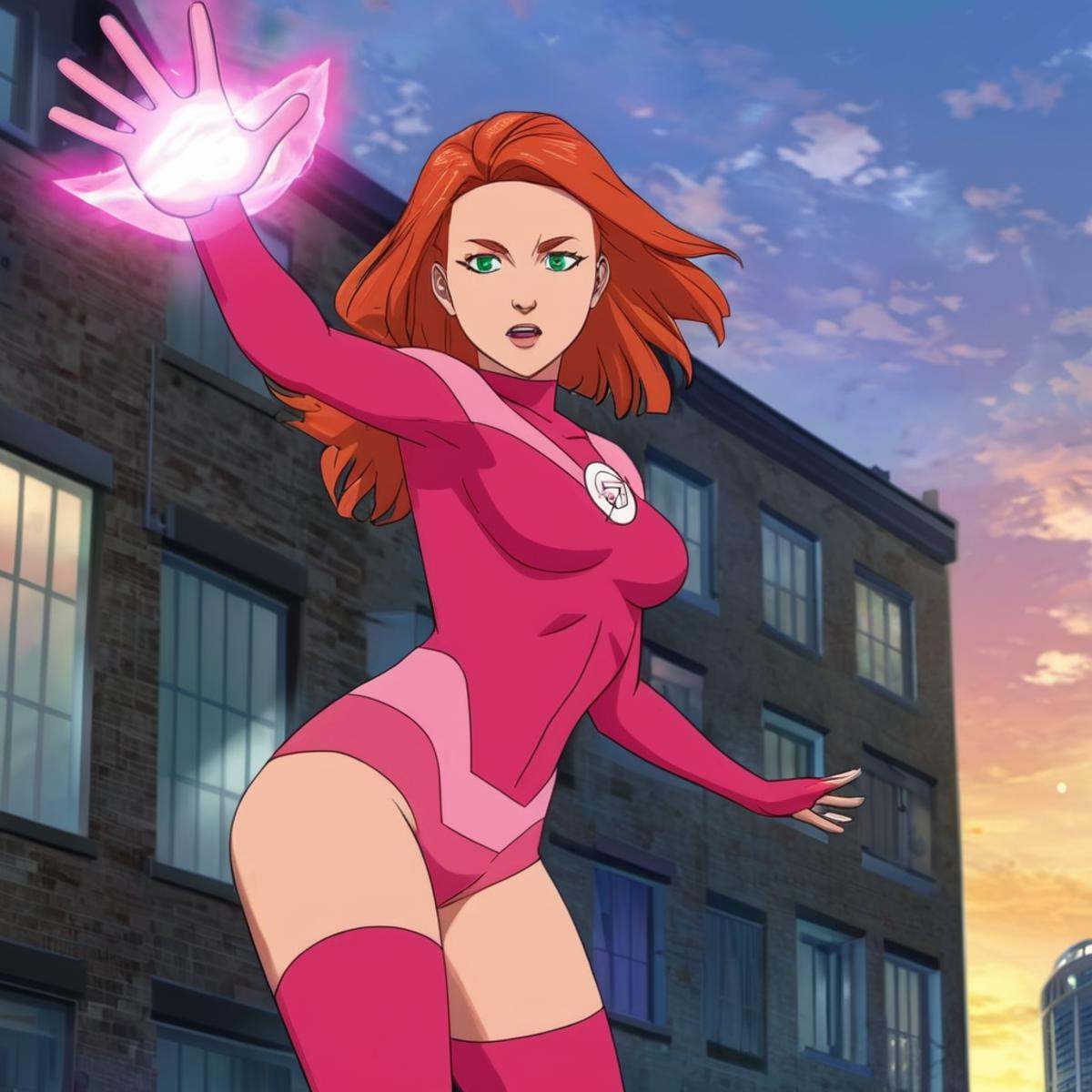 anime artwork of detailed perfect Atom Eve a woman in a pink outfit is standing in front of a building,  superhero,  using...