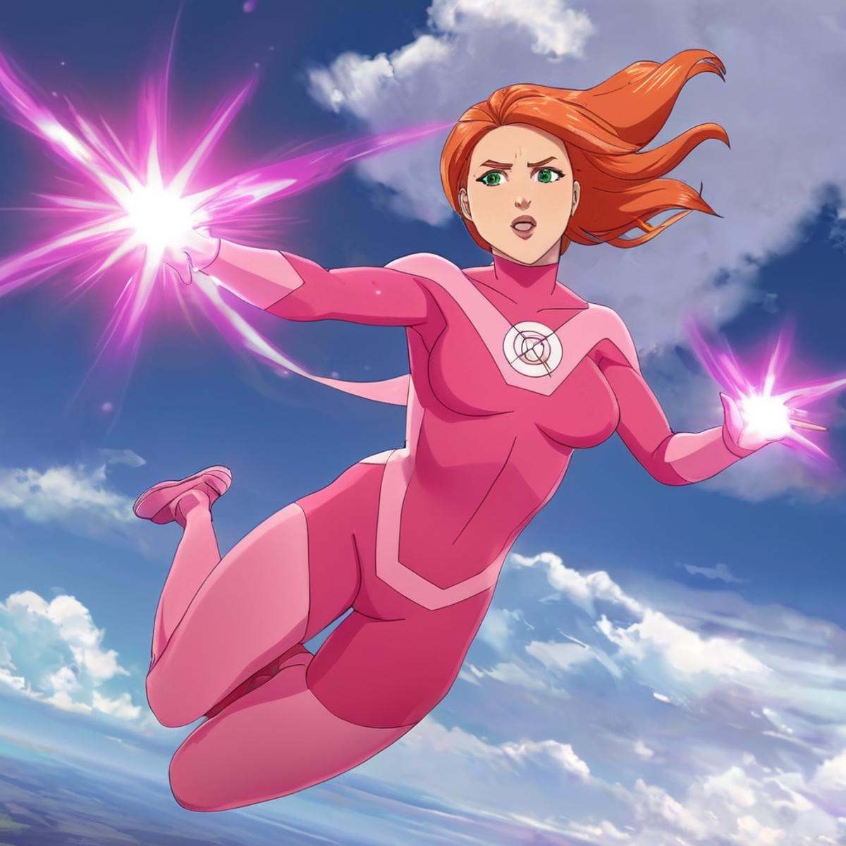 anime artwork of detailed perfect Atom Eve a woman in a pink outfit holding a pink light energy beam with both her hands,...