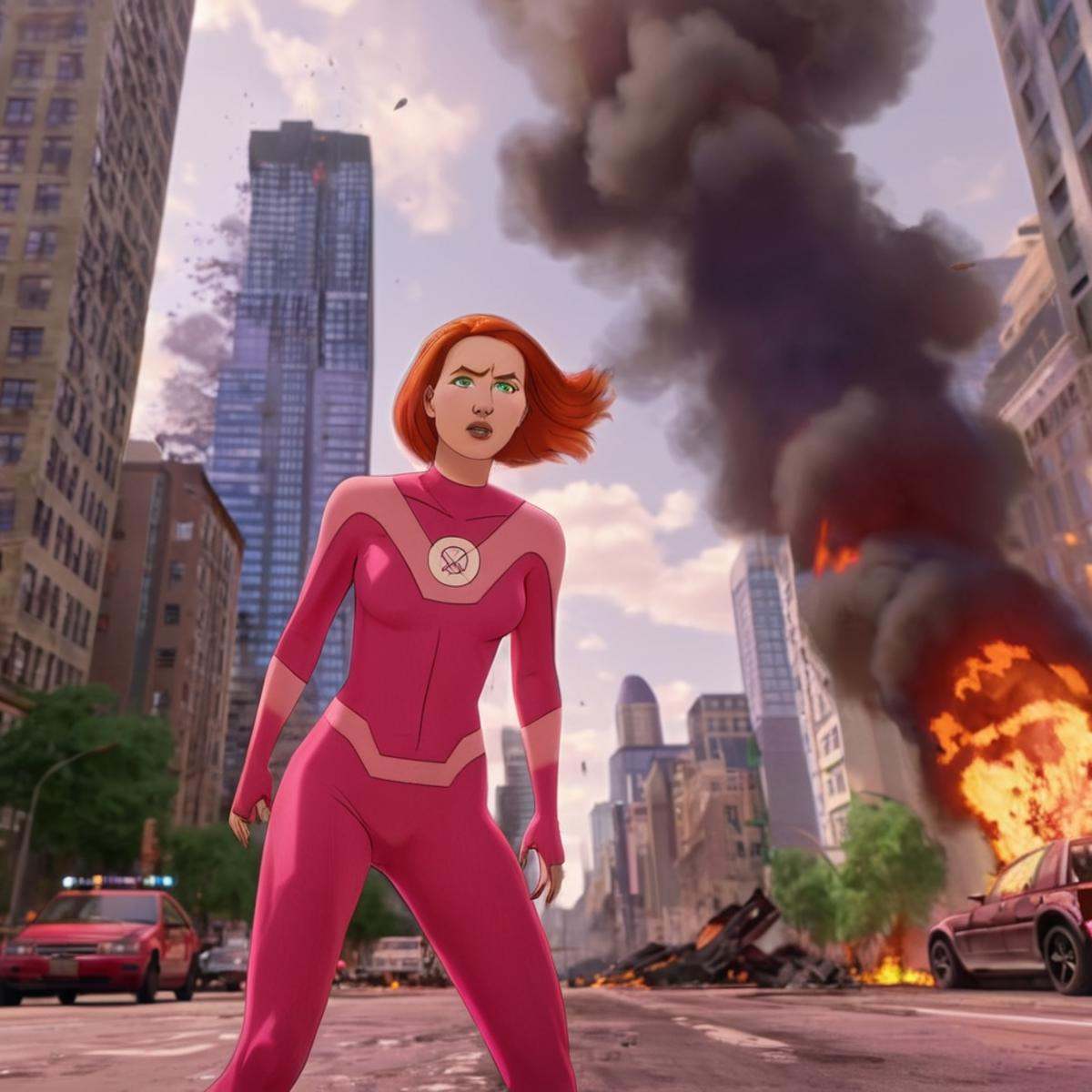 cinematic film still of detailed perfect Atom Eve an angry woman in a pink outfit standing in a city,  superhero,  buildin...
