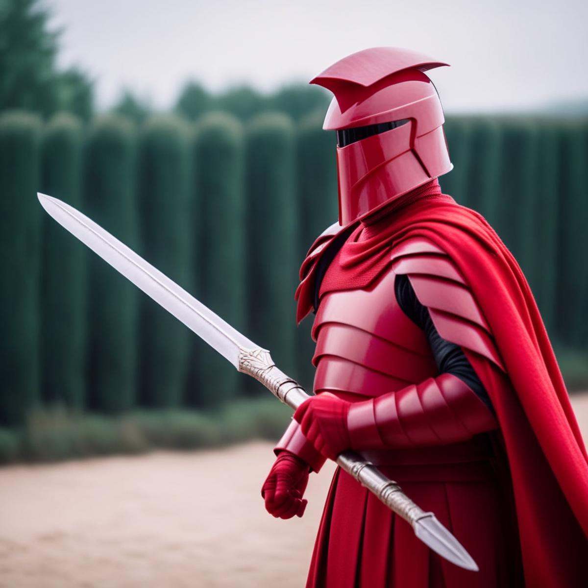 cinematic film still of Elite Praetorian Guard a man in a red cape holding a large pike,  shallow depth of field,  vignett...