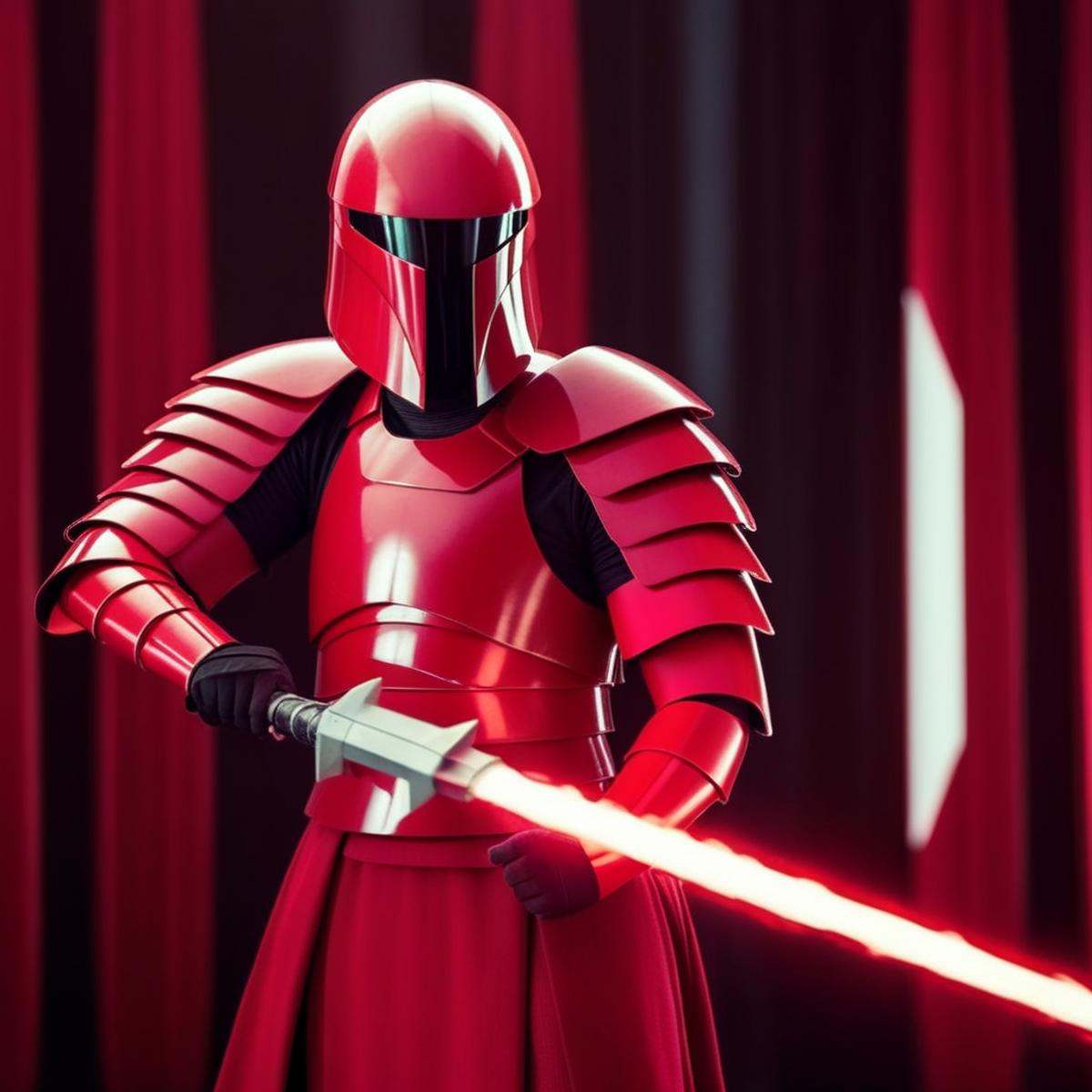 cinematic film still of Elite Praetorian Guard a man with a voulge weapon and cape standing behind a black background,  sh...