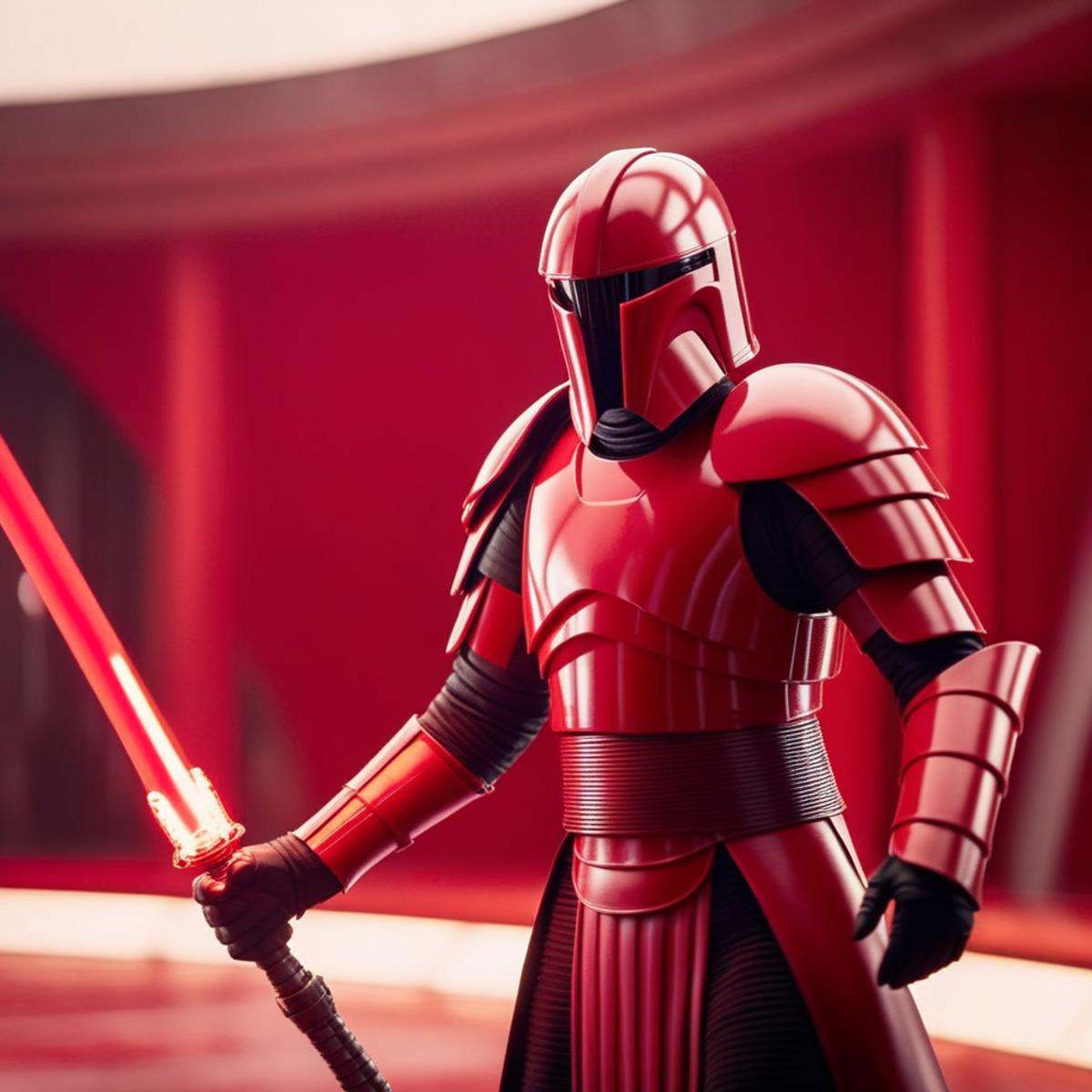 cinematic film still of Elite Praetorian Guard a crimson-armored star wars knight holding an chain whip,  shallow depth of...