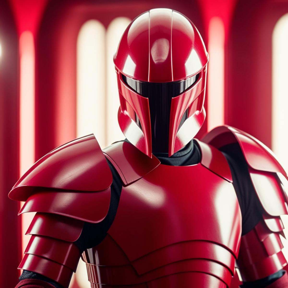 cinematic film still of Elite Praetorian Guard a crimson-armored knight holding a two bladed weapons,  shallow depth of fi...