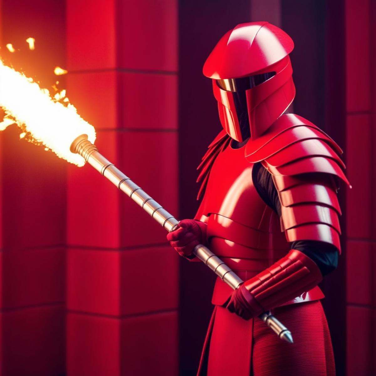 cinematic film still of Elite Praetorian Guard a man in a red suit holding a voulge weapon with fire in the background,  s...