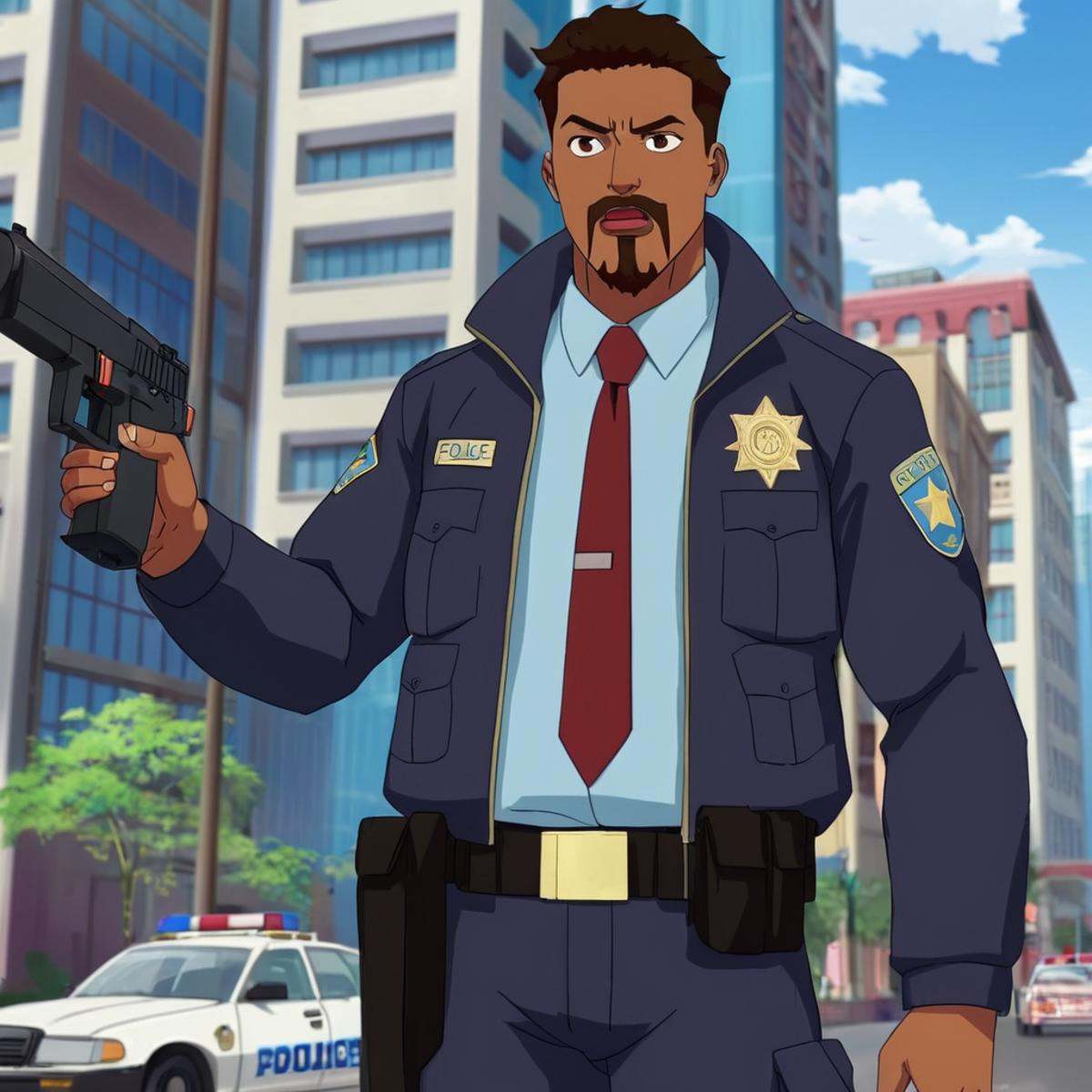 anime artwork of Black Levy a cartoon of a surprised man with a bloody face and a gun,  Levy2,  blood splatter on camera o...