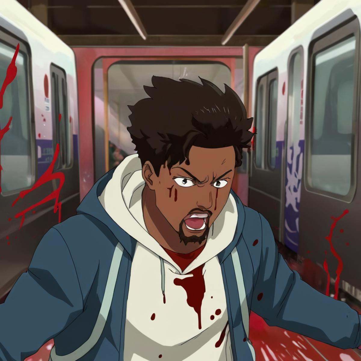 anime artwork of Black Levy a man with blood on his face and hands teaching out for someone with bloody splattering blood...