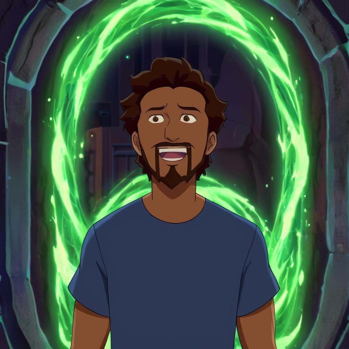 anime artwork of Black Levy a man standing in front of a bunch of green magic portals,  Levy2,  solo on Tensor.Art