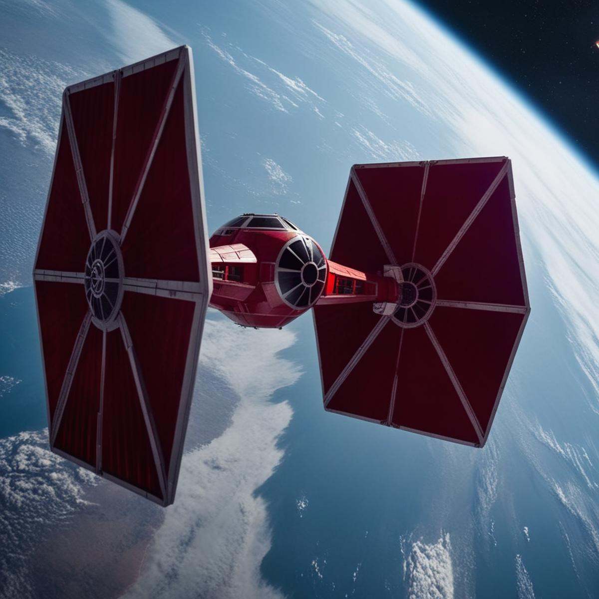 cinematic film still of Crimson Guard an elite red crimson color star wars tie fighter flying over the earth Star Wars Uni...