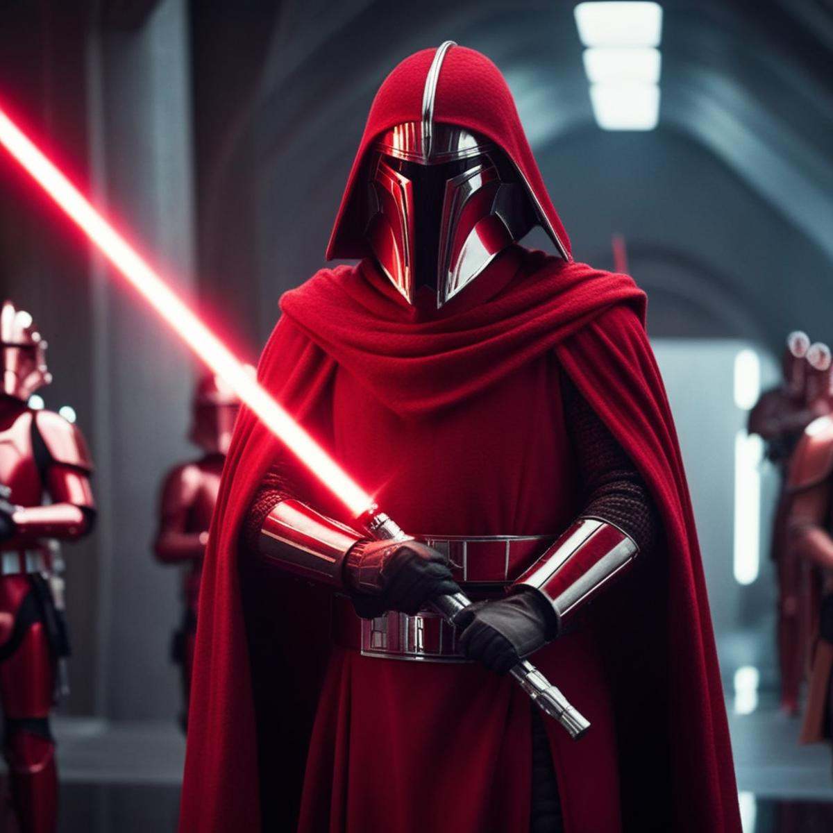 cinematic film still of Crimson Guard a person in a red robe and armor holding a force pike Star Wars Universe,  shallow d...