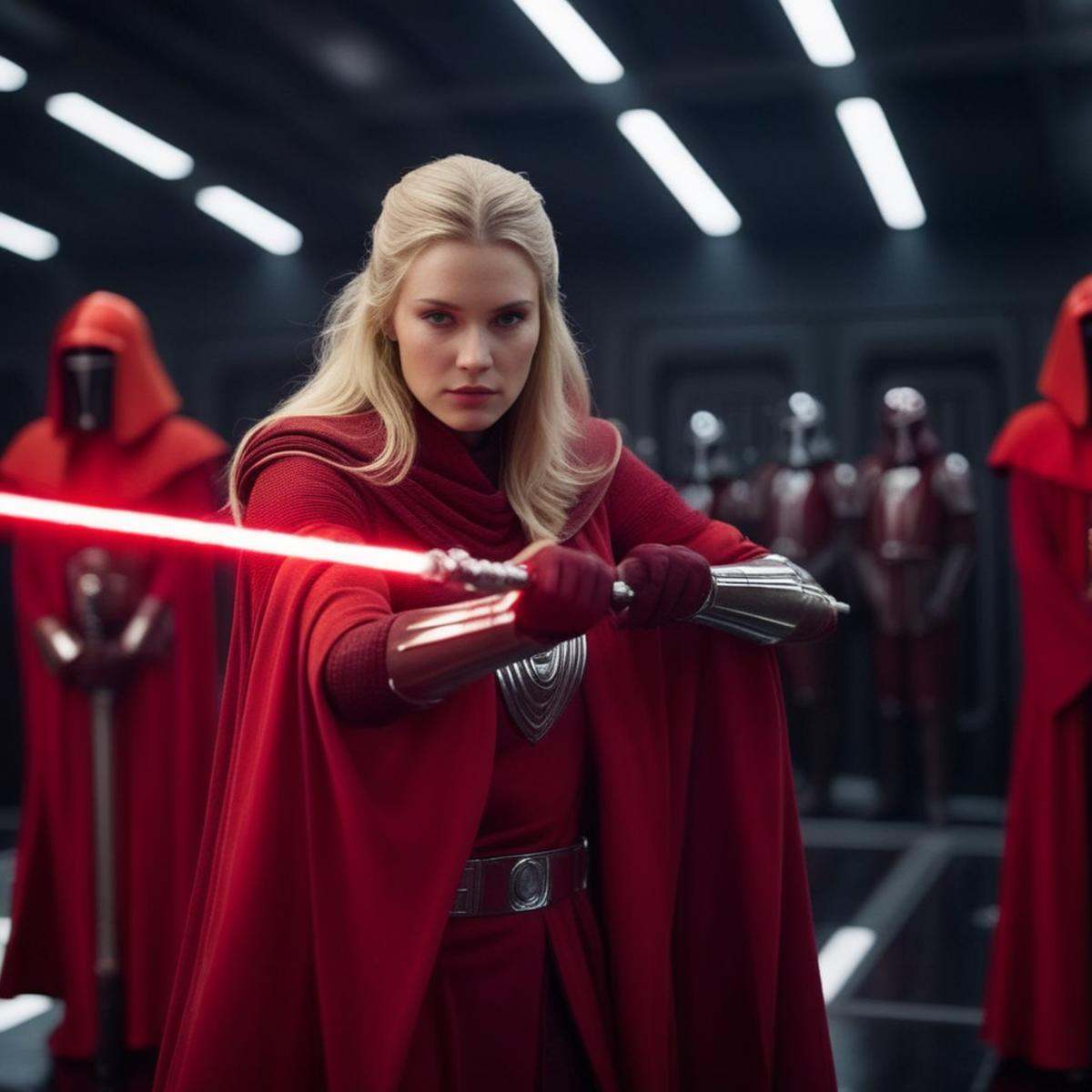 cinematic film still of Crimson Guard a blonde woman in a red robe and armor and force pike with dark background Star Wars...
