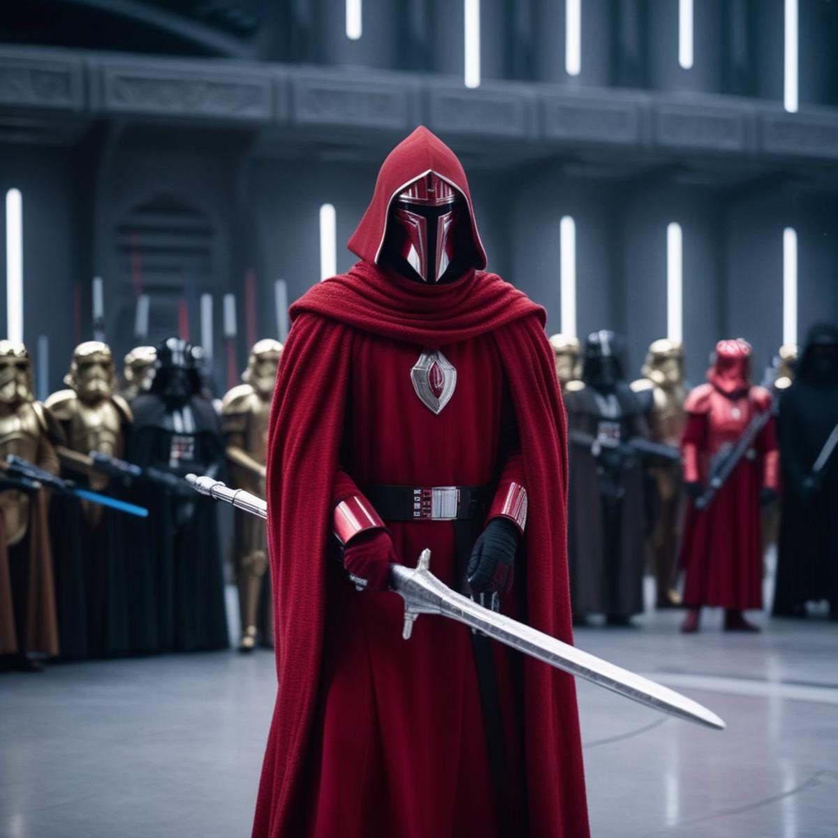 cinematic film still of Crimson Guard a man in a red robe and armor holding a pike Star Wars Universe,  shallow depth of f...