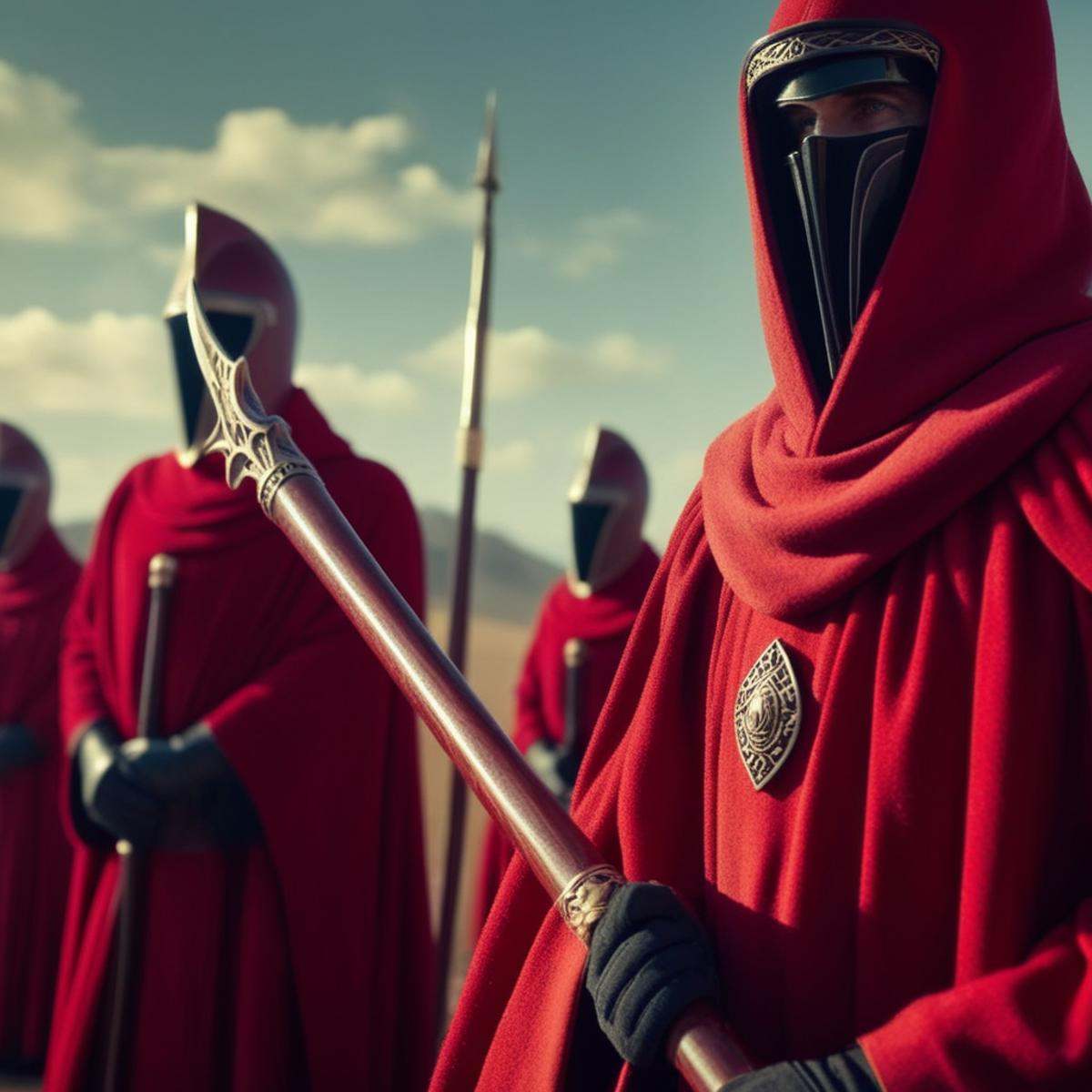 cinematic film still of Crimson Guard a person in a red robe holding a pike,  shallow depth of field,  vignette on Tensor.Art