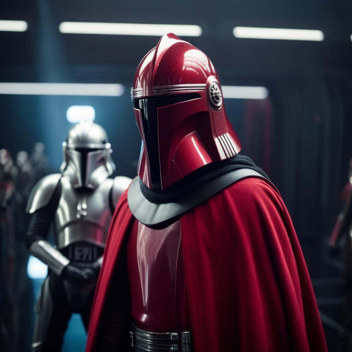 cinematic film still of Crimson Guard a person in a red robe and armor and force pike with dark background Star Wars Unive...