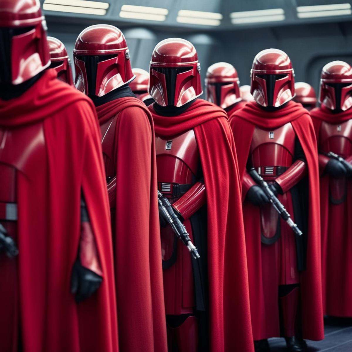 cinematic film still of Crimson Guard a group of people dressed in red robes costume and helmets Star Wars Universe,  shal...