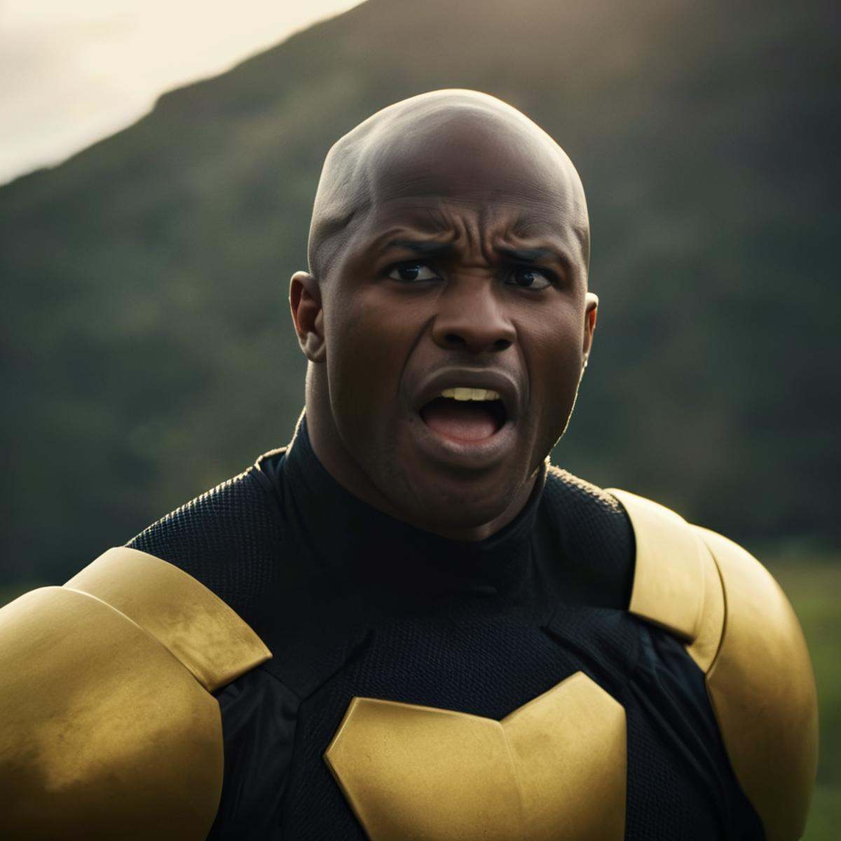 cinematic film still of detailed perfect Black Samson a man with a yellow armor costume on,  bald,  black on Tensor.Art