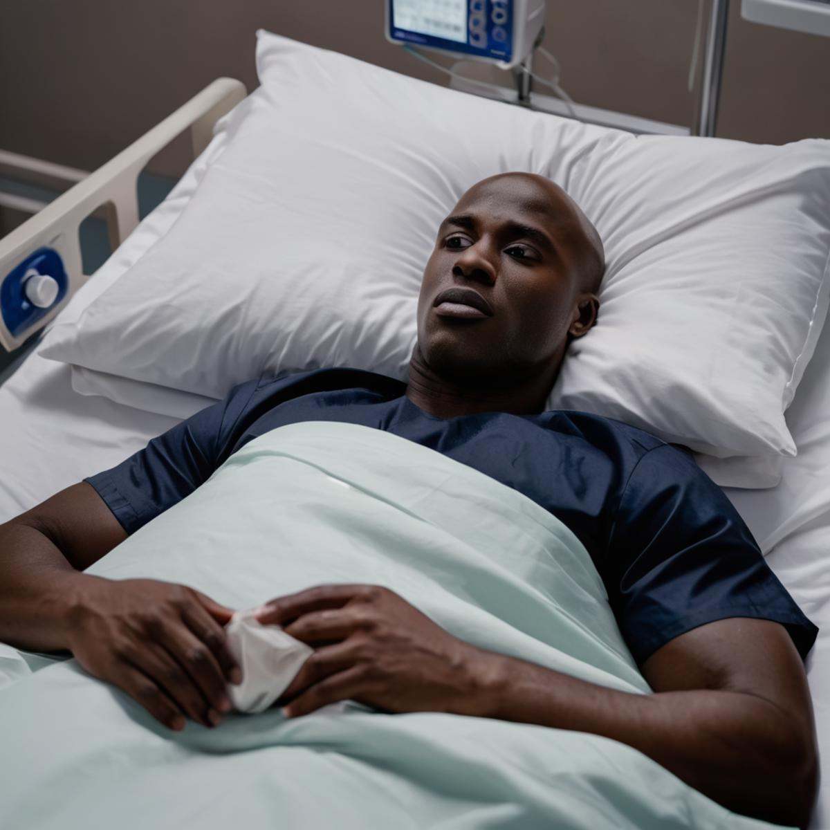cinematic film still of detailed perfect Black Samson a man laying in a hospital bed with a pillow,  bald,  black on Tenso...