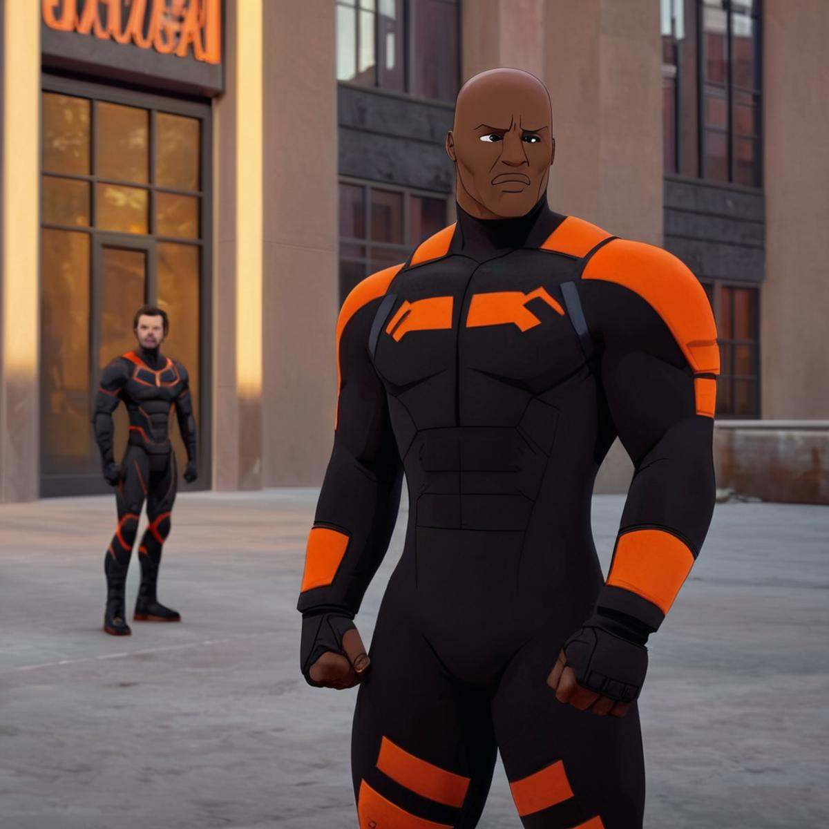cinematic film still of detailed perfect Black Samson a cartoon muscular character in black orange tactical outfit standin...