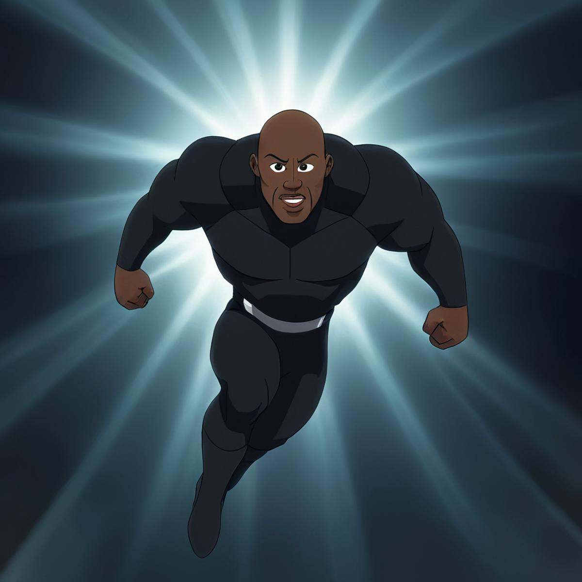 cinematic film still of detailed perfect Black Samson a cartoon character is running through a light,  bald,  black on Ten...