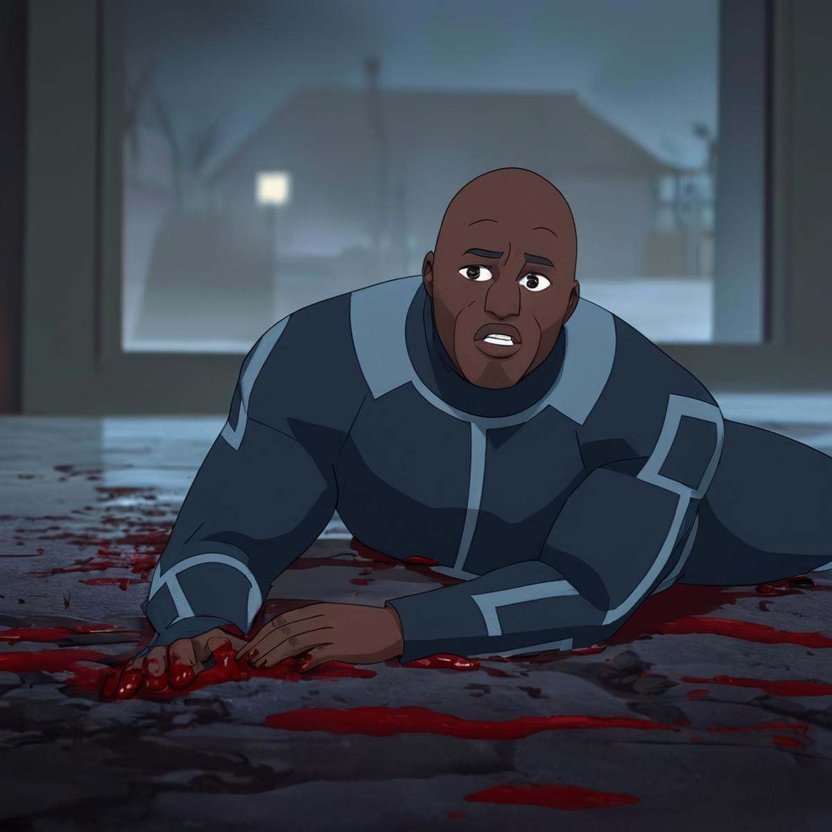 cinematic film still of detailed perfect Black Samson a closeup of a cartoon of a wounded black man laying in ground cover...