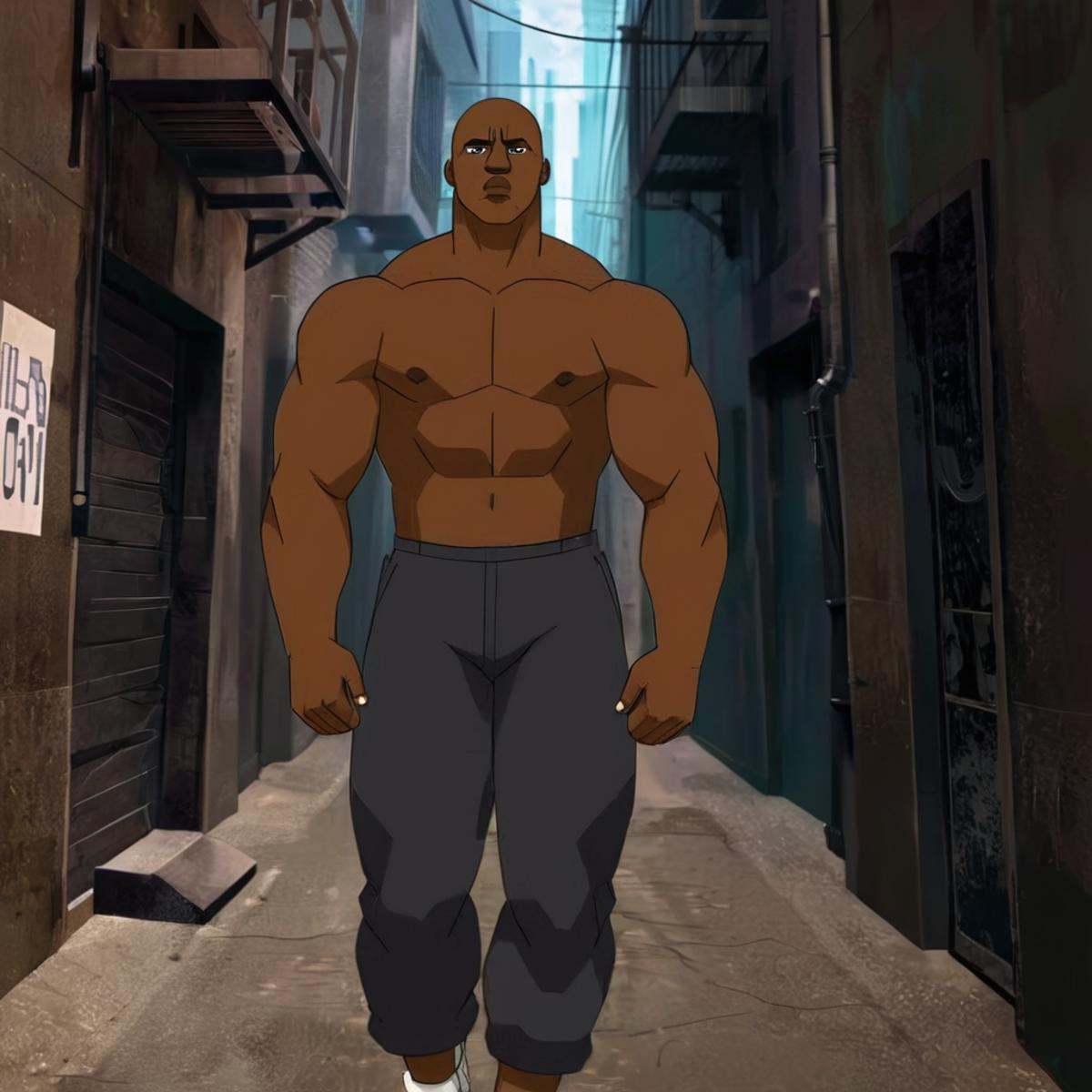 anime artwork of detailed perfect The Black Titan a muscular man with a black skin standing in a dark alley,  black Titan,...