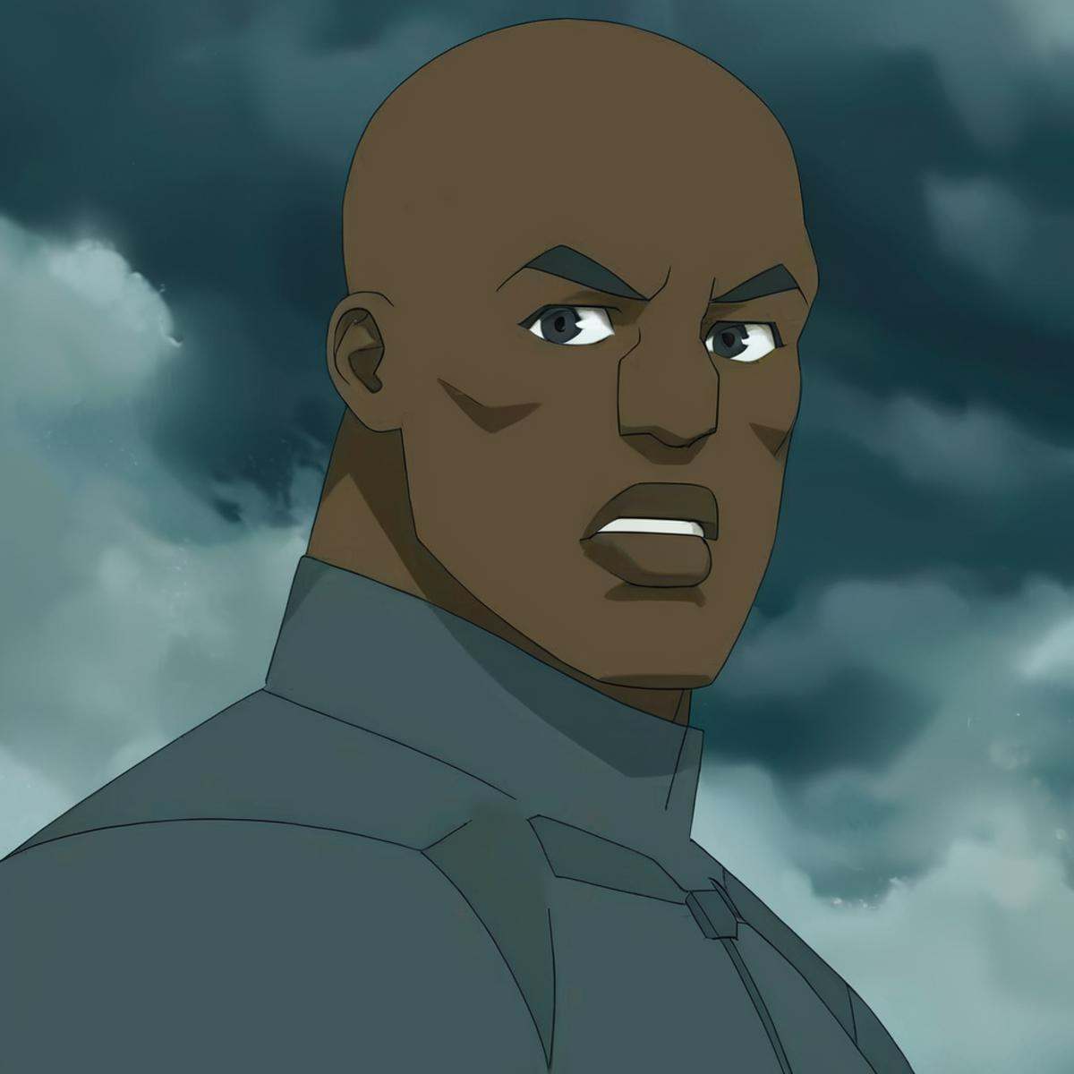anime artwork of detailed perfect The Black Titan a man with a rock shaped head and a dark skin face,  black Titan,  solo...