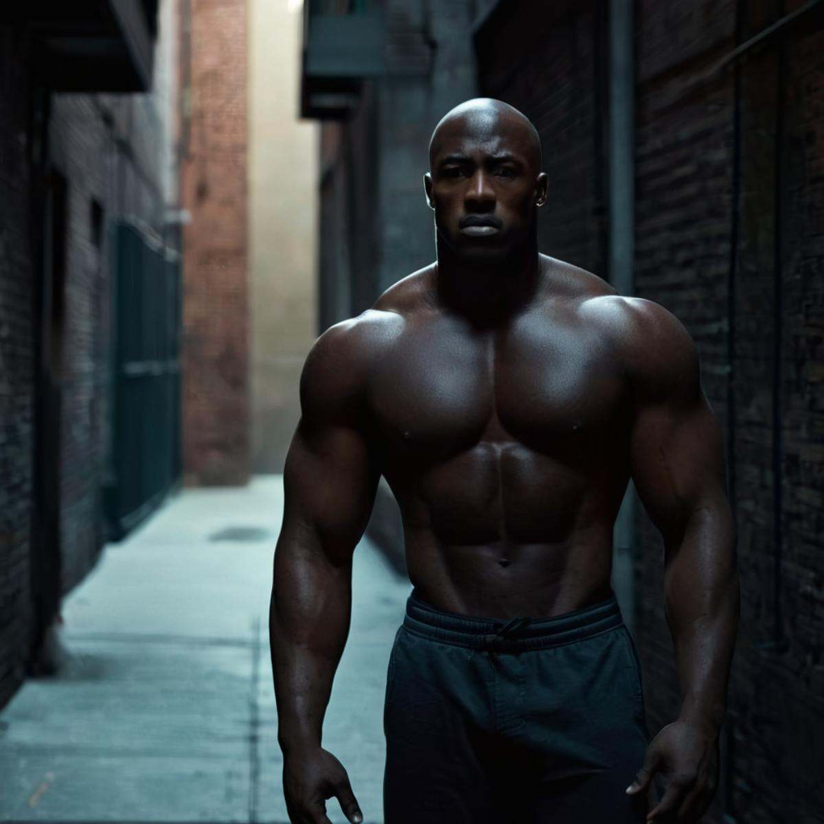 cinematic film still of detailed perfect The Black Titan a muscular man with a black skin standing in a dark alley,  black...
