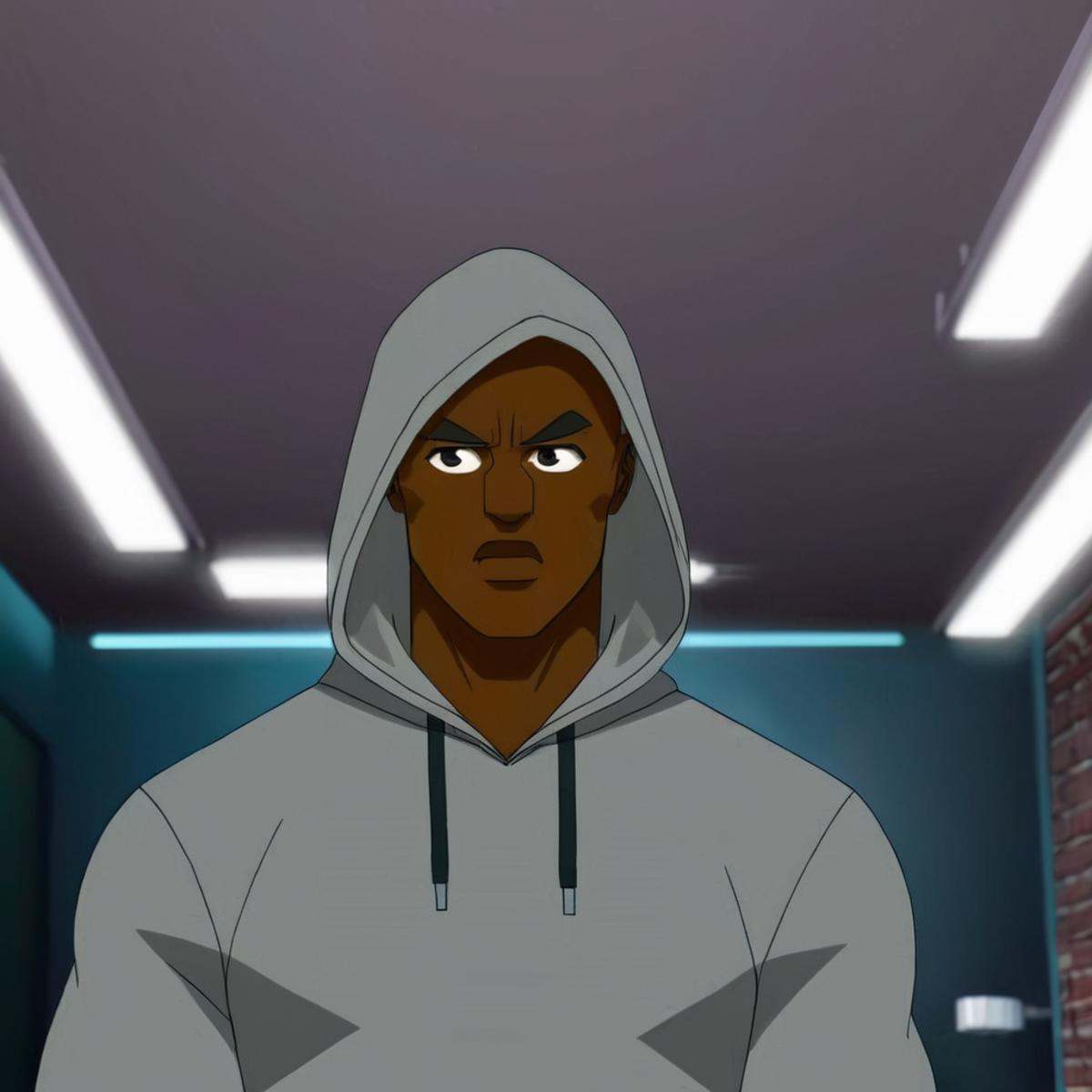 anime artwork of detailed perfect The Black Titan a cartoon character in a hoodie looking at the camera,  black Titan,  so...
