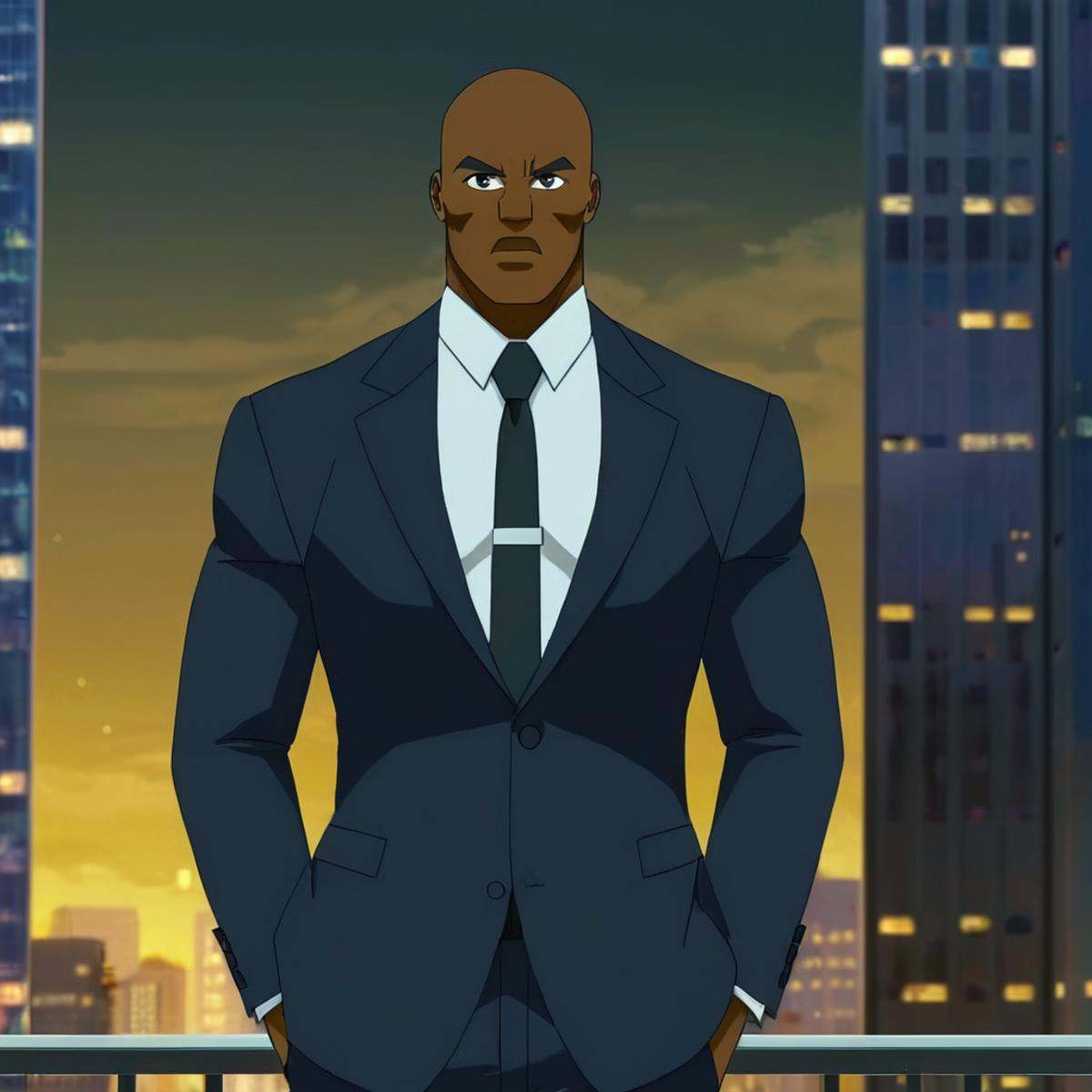anime artwork of detailed perfect The Black Titan a man in a suit and tie standing in front of a city,  black Titan,  look...