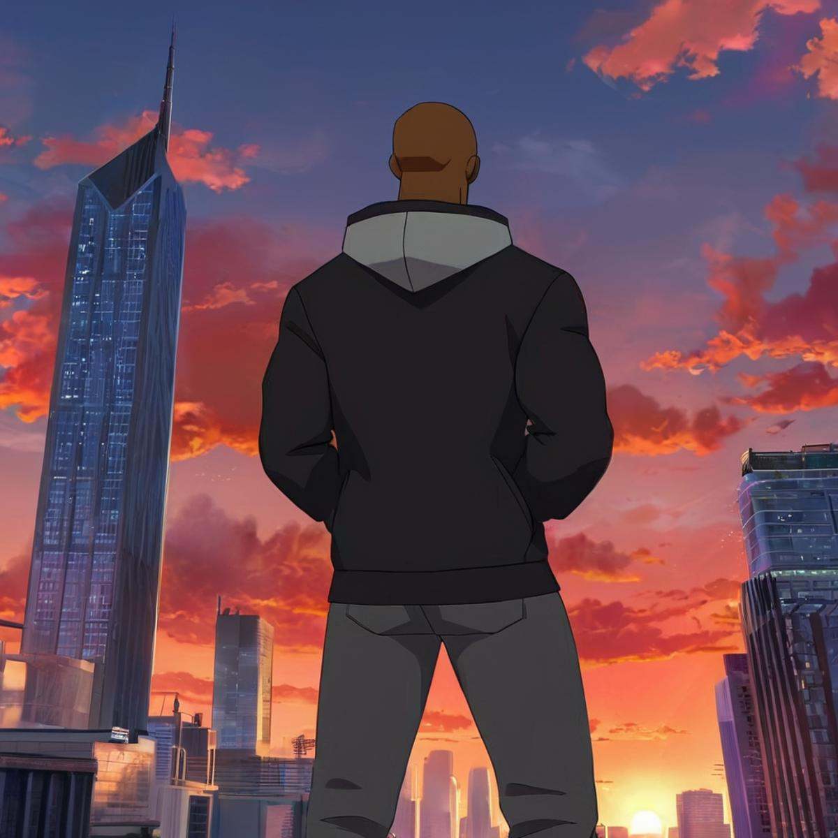 anime artwork of detailed perfect The Black Titan a man standing on a ledge looking at an epic big city,  black Titan,  1b...
