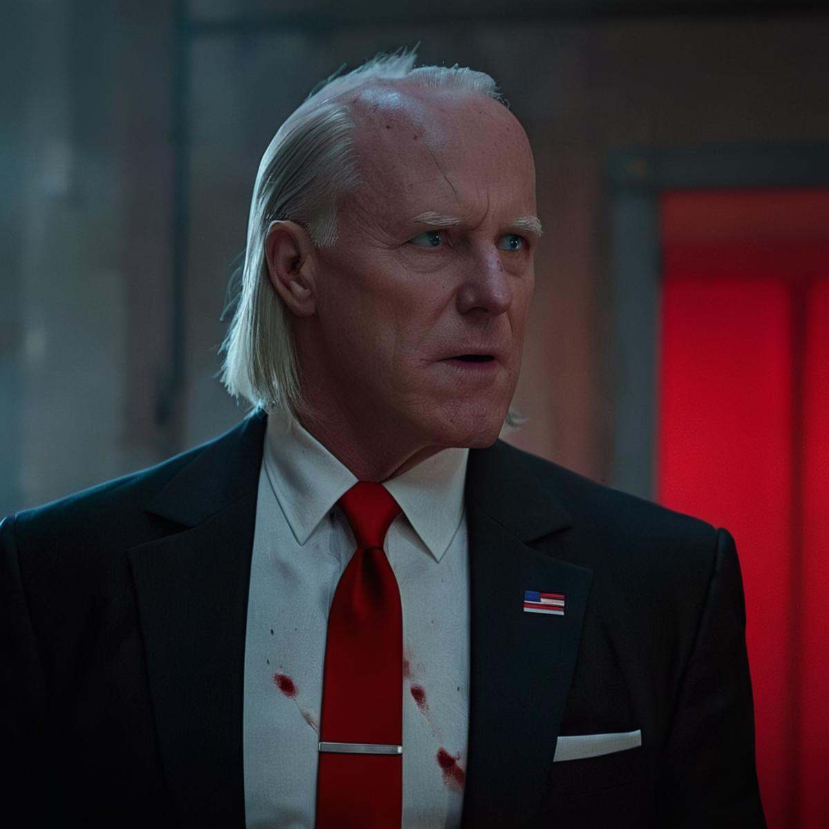 cinematic film still of detailed perfect Cecil Stedman a man in a suit and tie with a red tie,  old man,  in a ritual room...