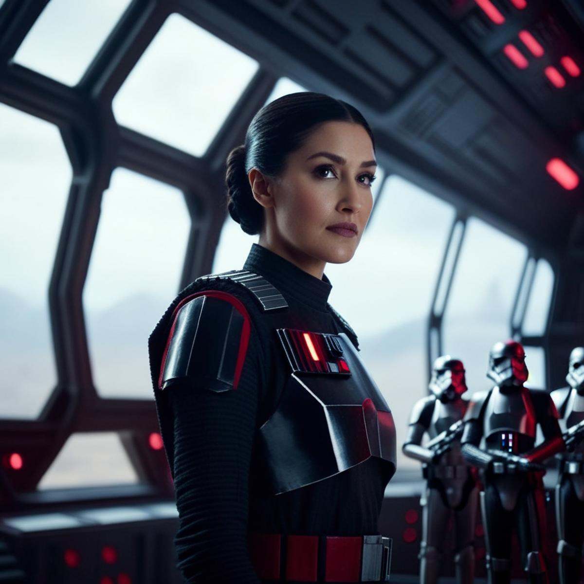 cinematic film still of Iden Versio a woman in a star wars outfit standing in front of a window with tie fighters in backg...