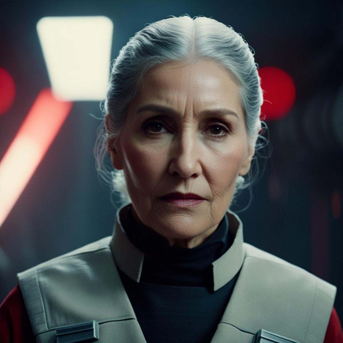cinematic film still of Iden Versio an old age woman with a grey hair and a shirt In Star Wars Universe,  shallow depth of...