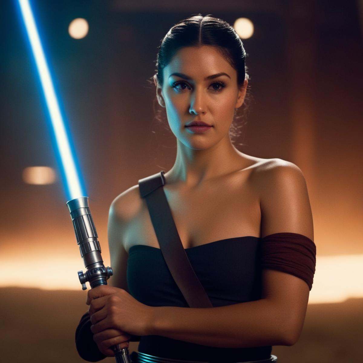 cinematic film still of Iden Versio a naked woman with a light saber in her hand In Star Wars Universe,  shallow depth of...