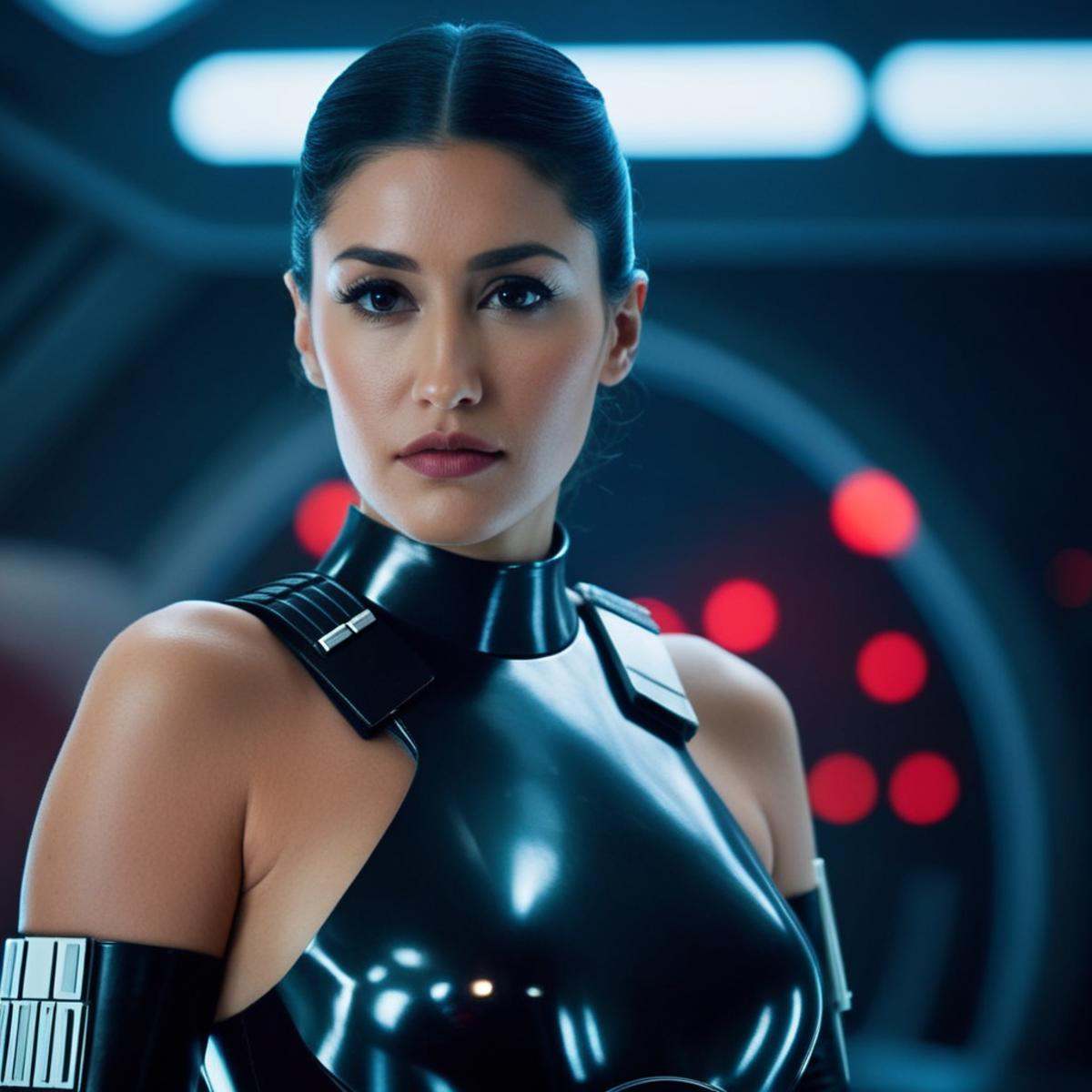 cinematic film still of Iden Versio a naked breasts woman in a futuristic outfit with a big breast In Star Wars Universe,...