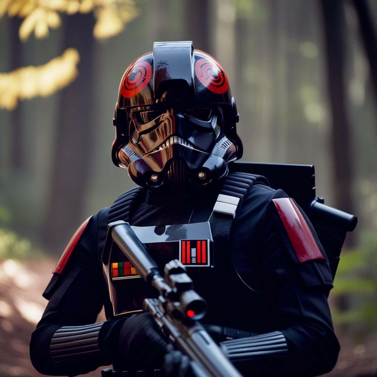 cinematic film still of Inferno Squad a man in a star wars Inferno Squad costume holding a rifle,  shallow depth of field,...