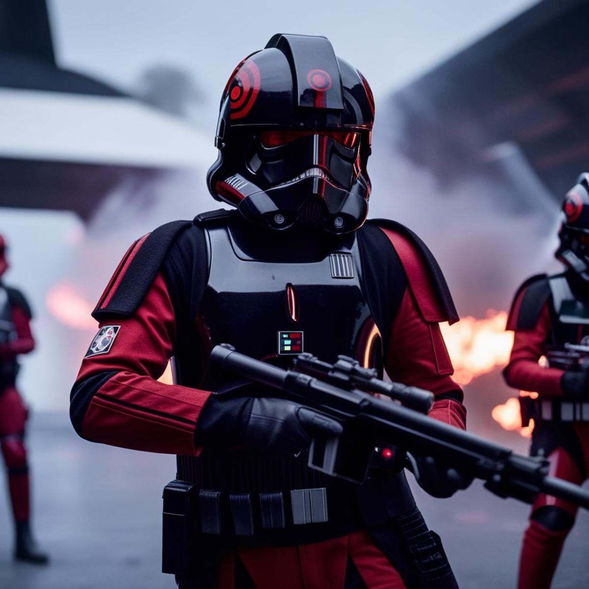 cinematic film still of Inferno Squad a man in a star wars Inferno Squad costume holding a rifle,  shallow depth of field,...