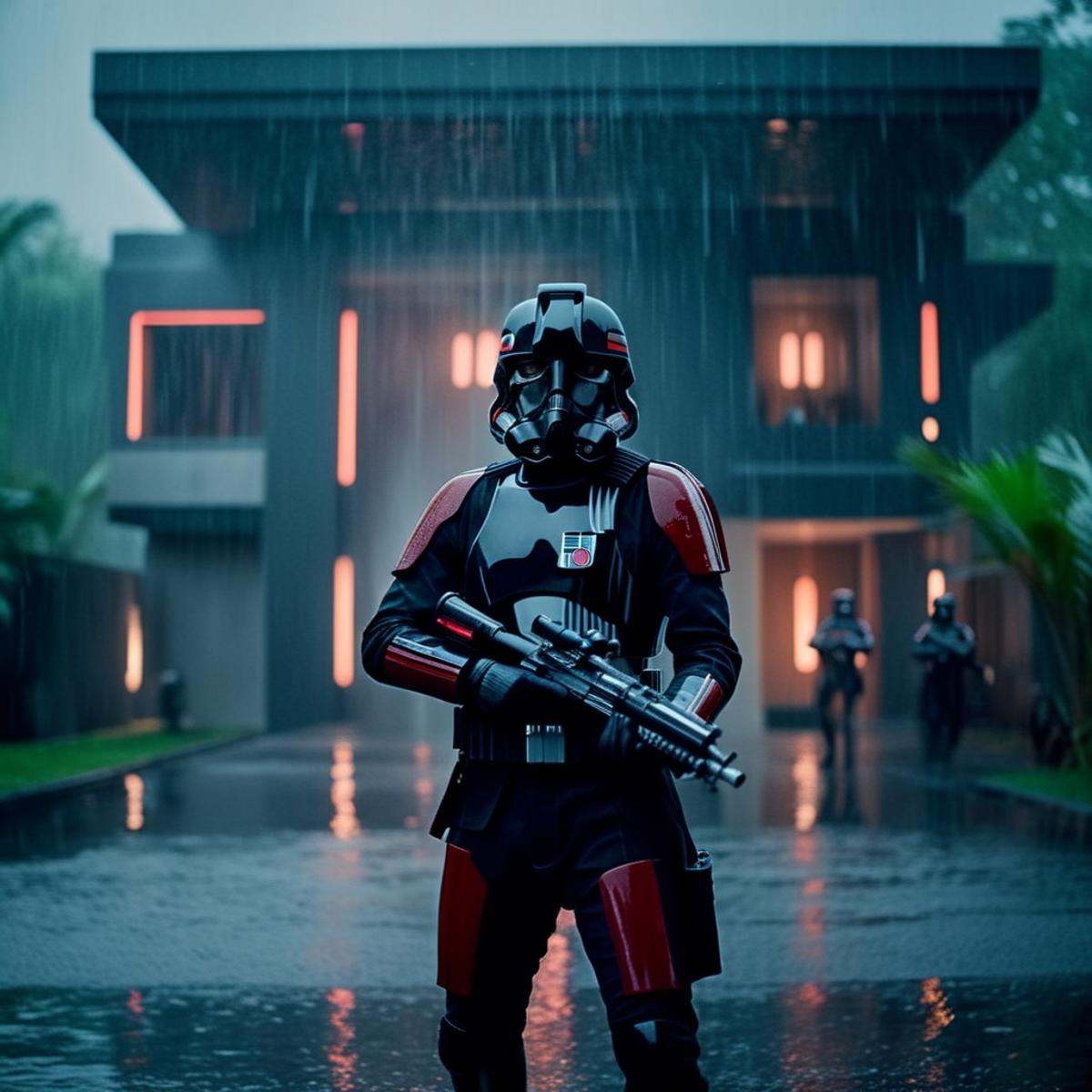 cinematic film still of Inferno Squad a Inferno Squad trooper standing outside a building with heavy rain,  shallow depth...