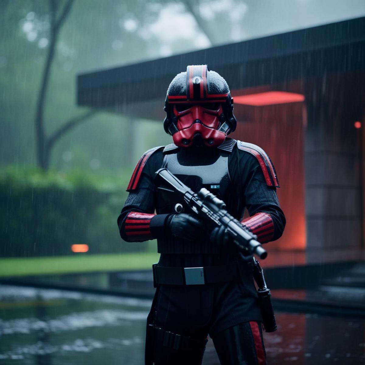 cinematic film still of Inferno Squad a Inferno Squad trooper standing outside a building with heavy rain,  shallow depth...
