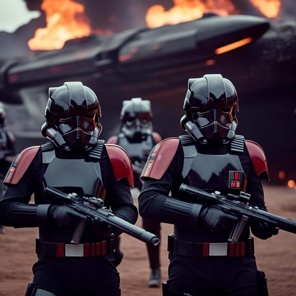 cinematic film still of Inferno Squad a group of Inferno Squad troopers in star wars outfits with guns with wrecked space...