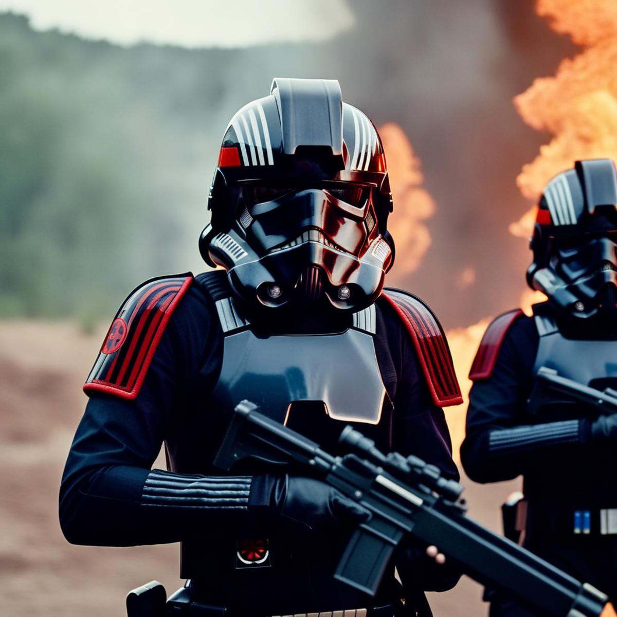 cinematic film still of Inferno Squad a trooper in a helmet and a gun,  shallow depth of field,  vignette on Tensor.Art