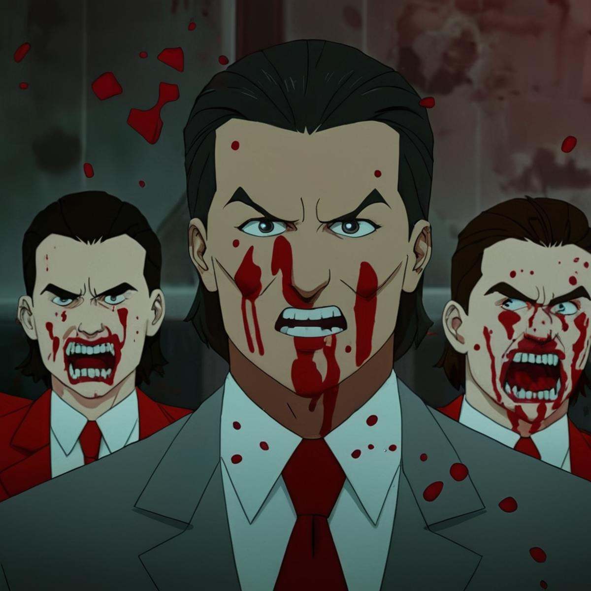 cinematic film still of detailed perfect D.A. Sinclair a cartoon of a man with blood splattering from his face hit hard,...